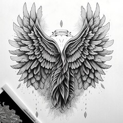 hand drawn white angel wing illustration isolated in white background,  sketch or outline style