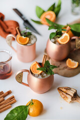 Alcohol cocktail drinks with tangerine and cinnamon in copper mugs