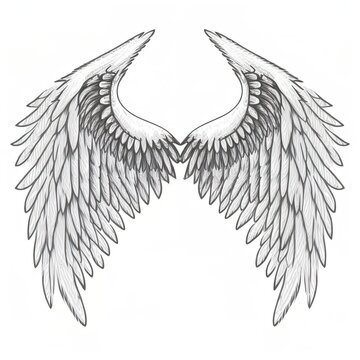 hand drawn white angel wing illustration isolated in white background,  sketch or outline style