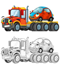 cartoon tow truck driving with load other car isolated