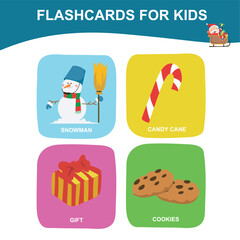 Printable Christmas Flashcards for Children. Educational game card for preschool. Ready to print. Vector illustration.