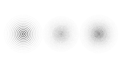 Texture concentric ripple circles set. Sonar or sound wave rings collection. Epicentre, target, radar icon concept. Radial signal or vibration elements. Dotted illustration 