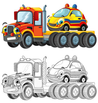 cartoon tow truck driving with load other car isolated