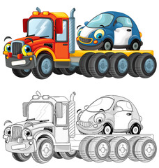 cartoon tow truck driving with load other car isolated