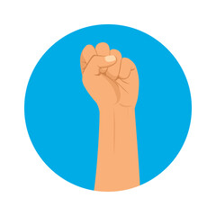 Vector illustration of a male clenched fist isolated on a blue circle. Man hand Alpha concept protest