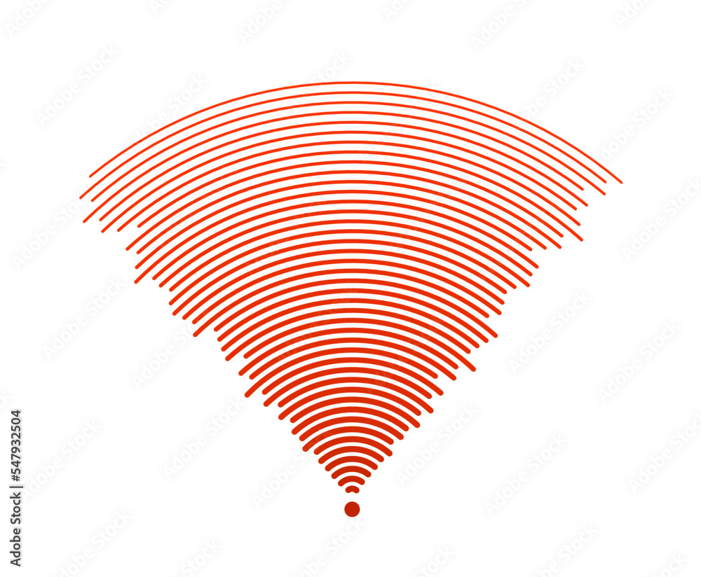 Poster Sound wave signal. Radio or music audio concept. Epicentre or radar icon. Radial signal or vibration elements. Impulse curve lines. Concentric ripple semi circle. 