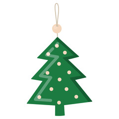 Green Christmas tree, Christmas toy on a rope. Vector Christmas illustration.