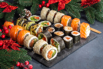 Sushi set for Christmas New Year party, winter holiday food delivery menu mockup. Sushi set on...