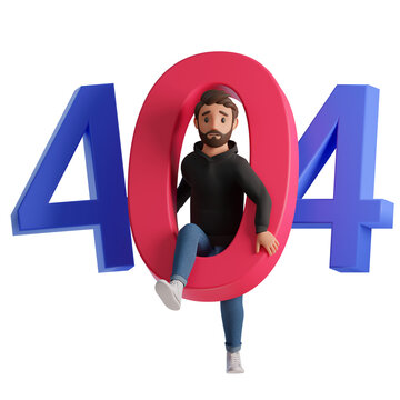 A man in a black hoodie is crossing an error 404 3d render illustration