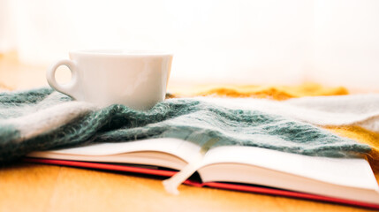 Gemütlich, heißer Tee, warmer Schal und ein aufgeschlagenes Buch. Hell und freundlich. Schärfe liegt auf der Teetasse