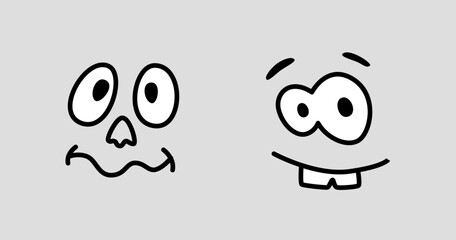 Cartoon character facial expression, face with eyes and mouth, surprised or amazed personage. Funny person with grin or smile showing teeth. Vector in flat style
