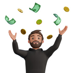 A man in a black hoodie rejoicing in the money that's coming 3d render illustration