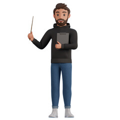 A man in a black hoodie and blue jeans is standing with a pointer and a clipboard 3d render illustration - obrazy, fototapety, plakaty