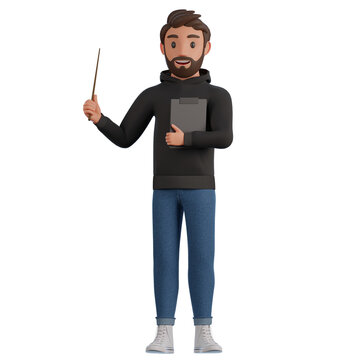 A man in a black hoodie and blue jeans is standing with a pointer and a clipboard 3d render illustration
