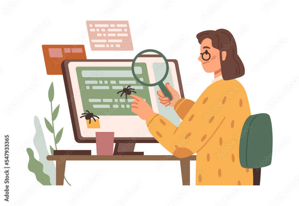 Aufkleber Female quality assurance assistant working on software, testing and fixing bugs. Woman with magnifying glass looking for problems. Vector in flat cartoon style