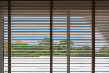 Venetian blind windows, Office window blinds in brown tone to block control screening sunlight through in the room interior decoration for modern building or home and living.