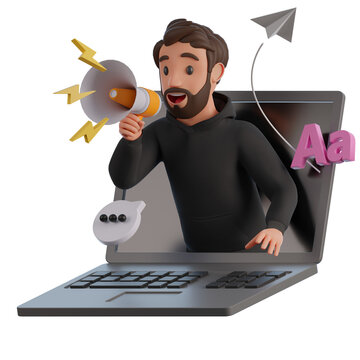 A man in a black hoodie and blue jeans is sticking out of the laptop screen 3d render illustration
