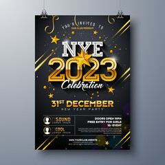 2023 New Year Party Celebration Poster Template Illustration with Shiny Gold Number on Black Background. Vector Holiday Premium Invitation Flyer or Promo Banner.