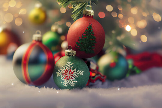 Beautiful red and green Christmas balls with Christmas patterns in the shiny Christmas background, AI generated image