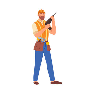 Builder with drill, isolated handyman with tool kit and instruments for repairing and construction. Personage or character, vector in flat cartoon style