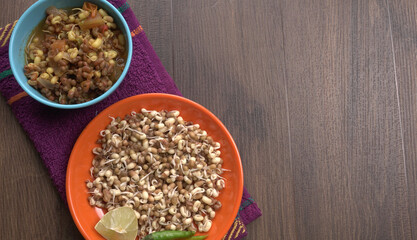 Close up of pile of sprouted seeds of green gram or moong.