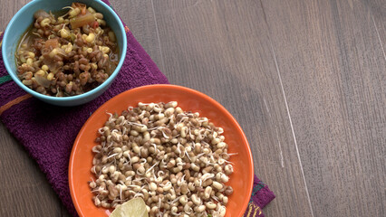 Close up of pile of sprouted seeds of green gram or moong.