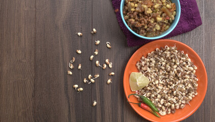 Close up of pile of sprouted seeds of green gram or moong.
