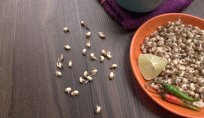 Close up of pile of sprouted seeds of green gram or moong.