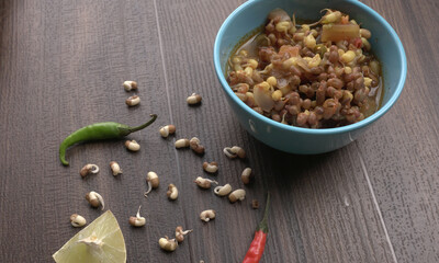 Close up of pile of sprouted seeds of green gram or moong.