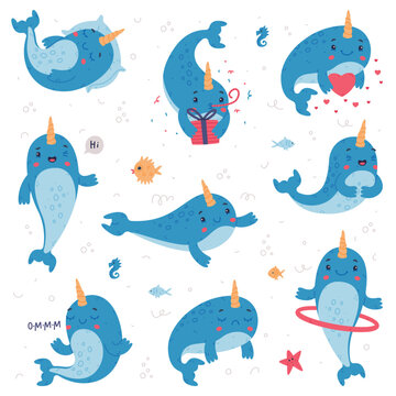 Cute baby narwhal set. Funny sea mammal animal cartoon character in different activities vector illustration