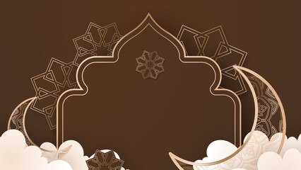 Ramadan Kareem vector card with 3d golden metal crescent and stars. Arabic style arch in beige color with traditional pattern. Copy space.