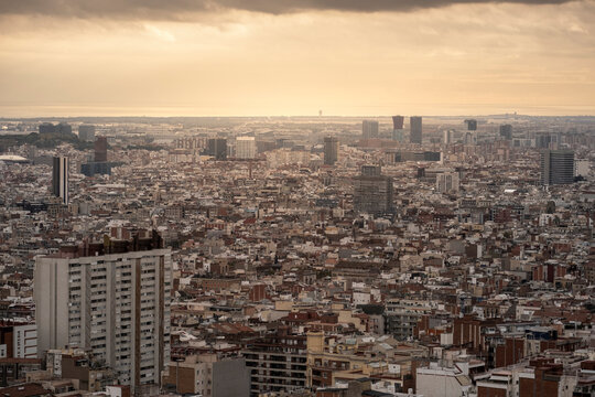 Aerial view of office buildings and residential areas in the city of Barcelona