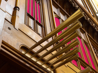 Horizontal trumpets of a pipe organ, powerfully voiced reed pipes mounted en chamade