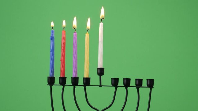 Hanukkah menorah fourth night candle 4k 10bit greenscreen 4 closeup