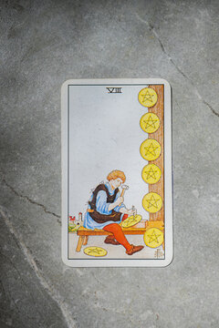 November 18, 2022 - Kyiv, Ukraine. Ryder's Tarot - Waite. The Minor Arcana of the suit of pentacles. 8, VIII