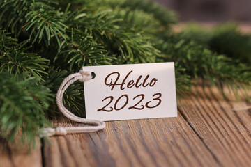 New Year 2023. Fir branches and a tag with the text Hello 2023. New years card