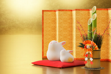 金色の背景に置かれた白いうさぎの小物と門松 / お正月・年賀状・新春のグラフィックイメージ / 3Dレンダリング