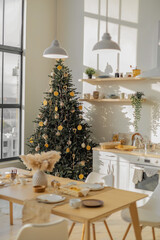 spacious white dining room in a modern minimalist design with a suspended bed. decorated with Christmas decorations and a Christmas tree