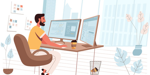 Programmer working people concept in modern flat design. Man developer work in office, creates software, coding, testing and optimization programs, person scene. Illustration for web banner