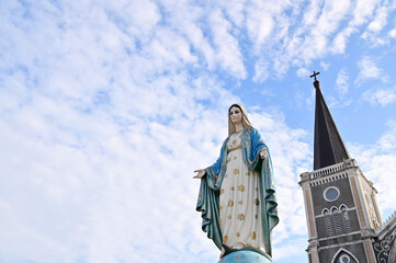 CHANTHABURI, THAILAND : November 20, 2022 - Statue of Our lady of grace virgin Mary with Bright...