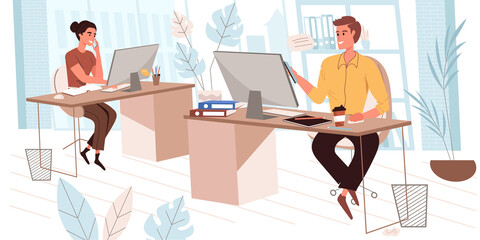 Obraz na płótnie Canvas Business office people concept in modern flat design. Employees working at computers and calling phones sitting at desks. Colleagues at workplaces, person scene. Illustration for web banner