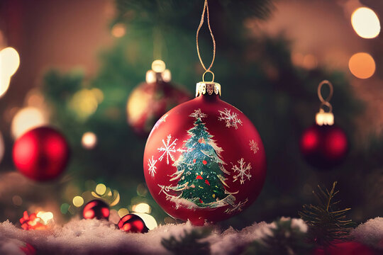 Beautiful red Christmas ball with a Christmas tree pattern, AI generated image