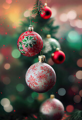 Red and white Christmas ornaments with winter patterns in the Christmas lights and bokeh background, AI generated image