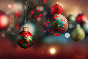 Beautiful red and green Christmas ornaments with patterns in the Christmas tree and lights bokeh background, AI generated image