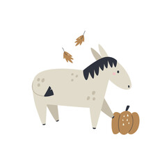 Sweet hand drawn illustration with cute donkey and pumpkin.