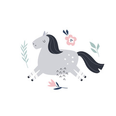 Sweet hand drawn illustration with cute horse and floral elements