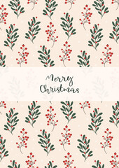 Poster, New Year and Christmas card template with winter seamless pattern of branches, Christmas trees and red berries on background. Vector