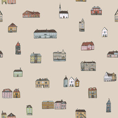 European houses architecture vector seamless pattern.