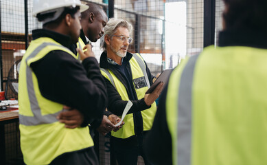 Mature man showing his colleagues a digital tablet during a meeting