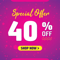 40 percent off. Design Template for Special Offer Marketing. 40% Promotional Discount. Conceptual Pink, Blue and Purple Banner Design